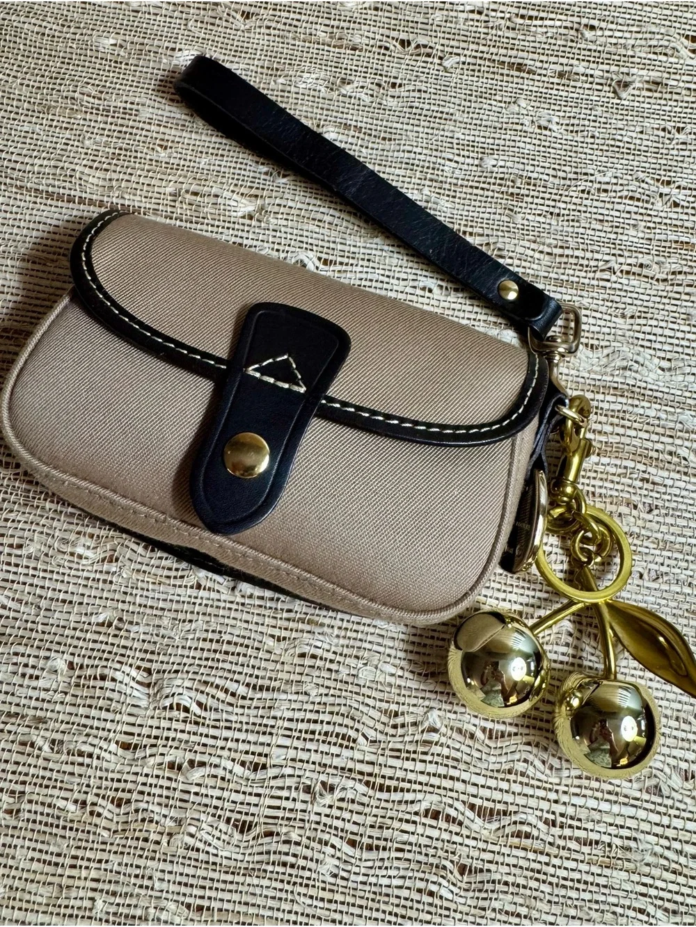 Dooney & Bourke Tan Twill Canvas Flap Wristlet Dark Brown Leather Trim